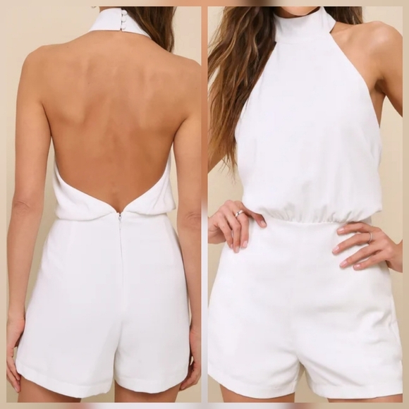 Lulus Pants - Lulus Moment for Life White Halter Backless Romper, Size Large